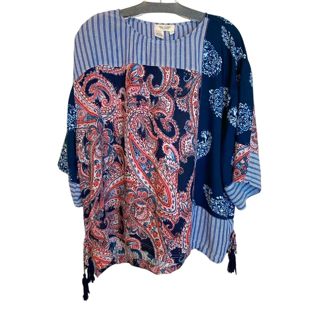 Tru Luxe Jeans Boho Paisley Patchwork Tunic Top Women L Blue Tassel Viscose